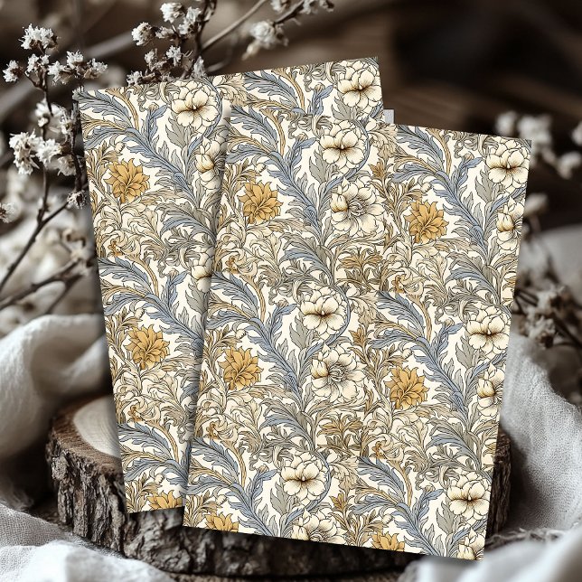 Papier Mousseline Art nouveau Morris bleu pastel ivoire blanc fleurs (Art nouveau Morris pastel blue ivory white flowers Tissue Paper)