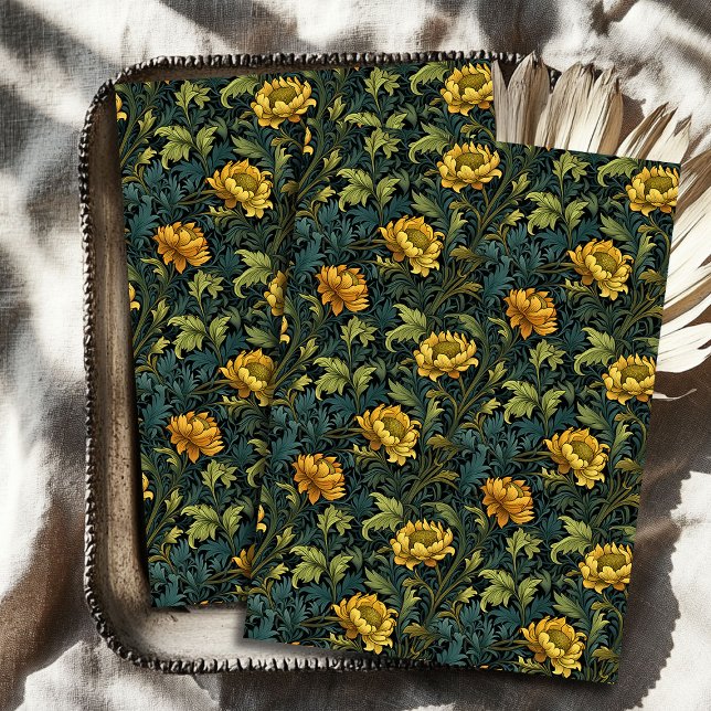 Papier Mousseline Art nouveau Morris fleurs jaunes pastel bleu sauge (Art nouveau Morris yellow flowers pastel blue sage Tissue Paper)