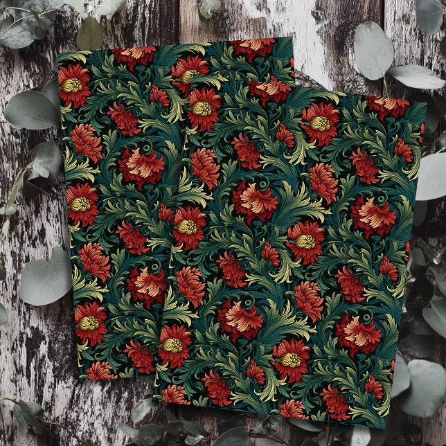 Papier Mousseline Art nouveau Morris fleurs rouges profondes vert pa (Art nouveau Morris deep red flowers pastel green Tissue Paper)