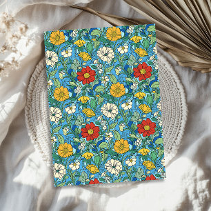 Papier Mousseline Art nouveau Morris rouge jaune fleurs bleues