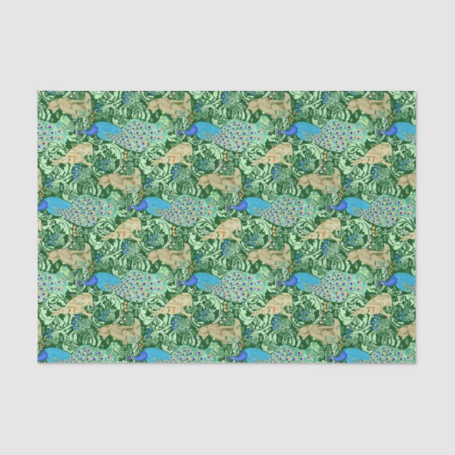 Papier Mousseline Art Nouveau Peacock Print, Cobalt Blue & Green (Recto)