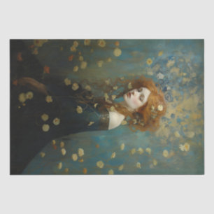 Papier Mousseline Art nouveau, woman with red hair in blue and gold