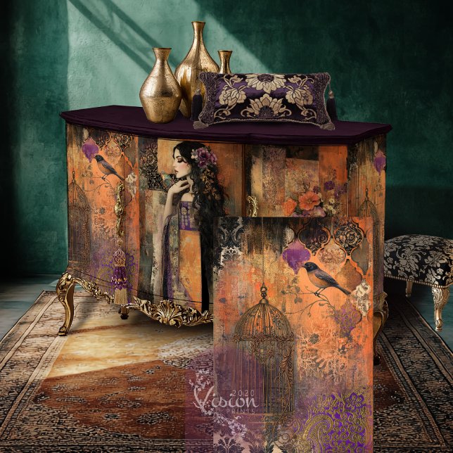 Papier Mousseline Art patchwork Oiseau et Cage à oiseaux Bohème Méla (Mix and Match Moody Boho Patchwork Art, Bird and Cage, Moroccan Elements, Decoupage Tissue Paper. )