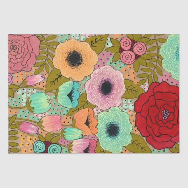 Papier Mousseline Art peint Fleurs Art Journal Enveloppement Cadeau (Recto)