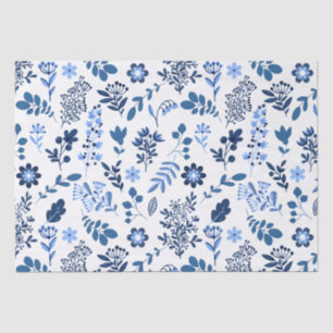 Papier Mousseline Art populaire Botanique Floral Imprimer Bleu Blanc