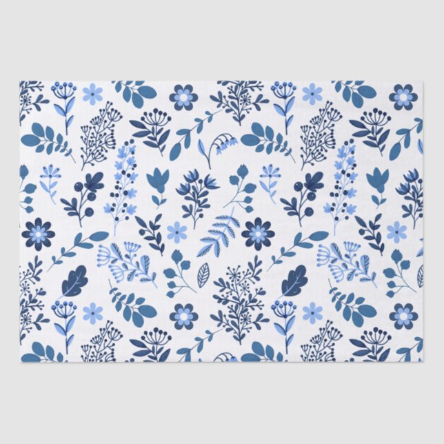 Papier Mousseline Art populaire Botanique Floral Imprimer Bleu Blanc (Recto)