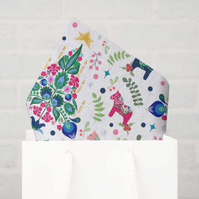 Papier Mousseline Art populaire scandinave Arbres de Noël & Cheval d (Sac cadeau)