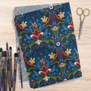 Papier Mousseline Art populaire scandinave Bleu Rouge Motif floral