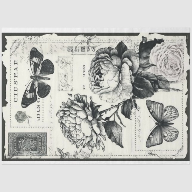 Papier Mousseline Artiste Noir Blanc Grand Peony Découpage (Recto)