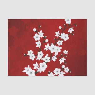 Papier Mousseline Asie Floral blanc cerisier rouge