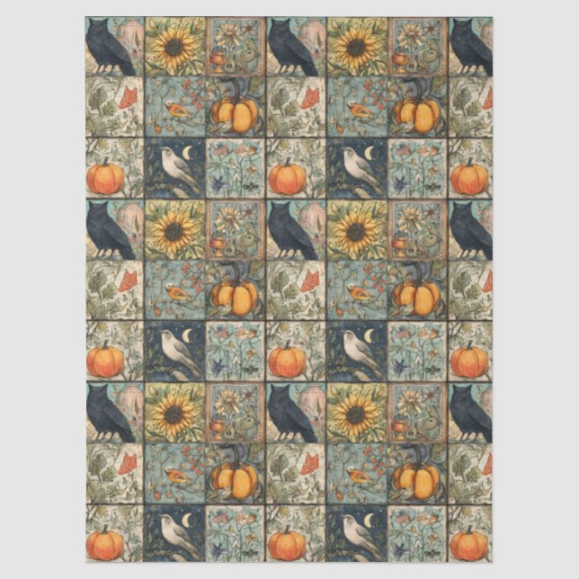 Papier Mousseline Aspect patchwork automnal fleur de hibou citrouill (Recto)