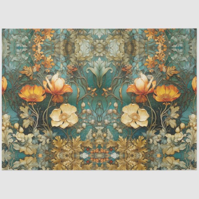 Papier Mousseline Automne Art Nouveau Floral Turquoise Ephémère Déco (Recto)