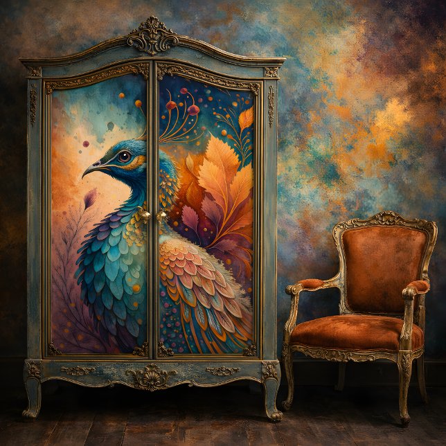 Papier Mousseline Automne Paon Tons de Bijoux Oiseaux Découpage (Autumn Peacock Decoupage Tissue Paper Mockup)