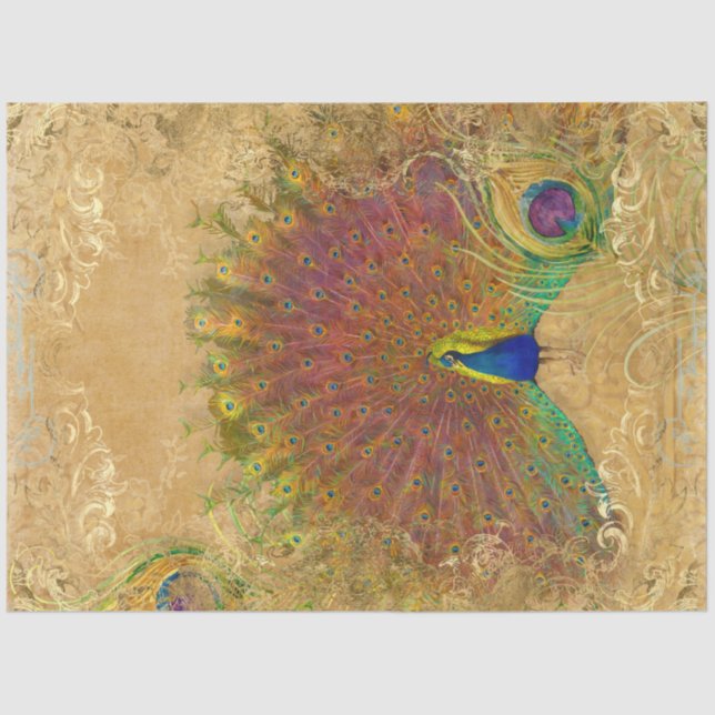Papier Mousseline Automne Vintage Peacock Feather Gold Decoupage (Recto)