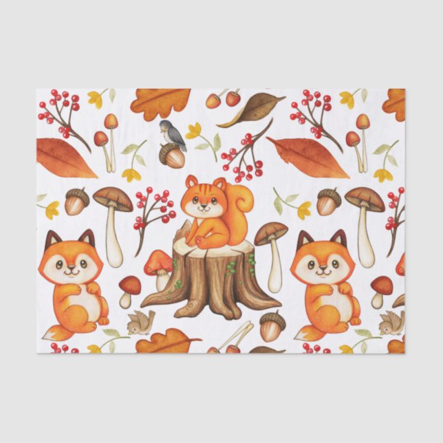 Papier Mousseline Automne Woodland Cute Animaux et Feuilles orange (Recto)