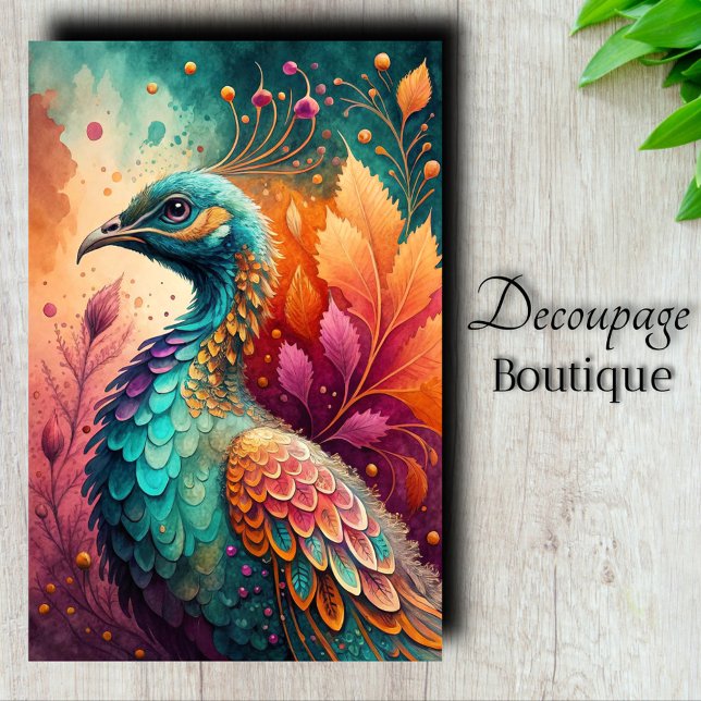 Papier Mousseline Autumn Peacock Jewel Tone Bird Découpage (Autumn Peacock Decoupage Tissue Paper)