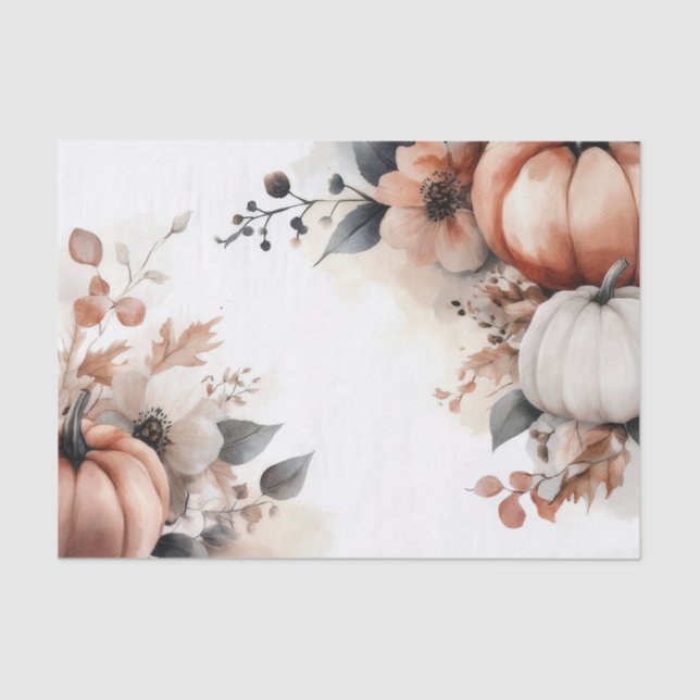 Papier Mousseline Autumn Pumpkins and Flowers Fall Pattern Decoupage (Recto)