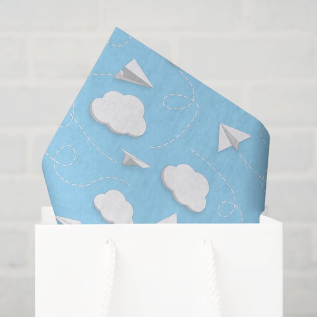Papier Mousseline avion en papier volant nuages bleus ciel (Sac cadeau)
