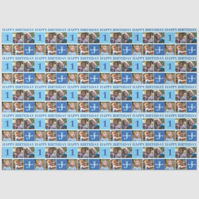 Papier Mousseline Baby Boy First Birthday Cute Blue Photo Collage (Recto)