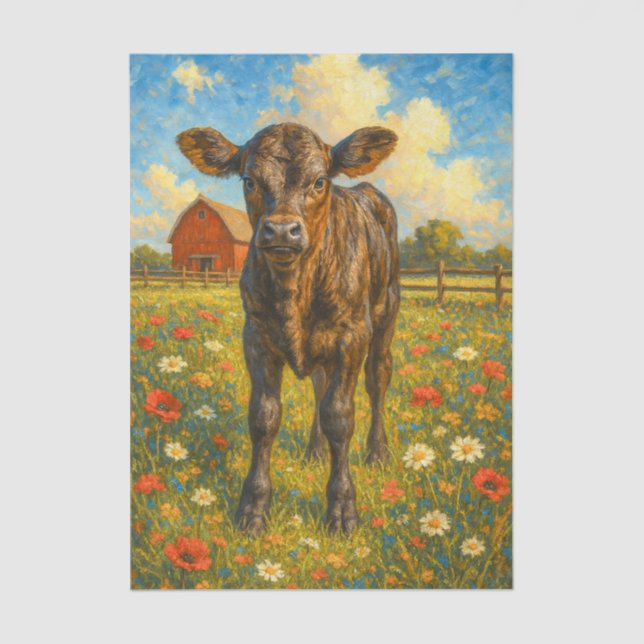 Papier Mousseline Baby Cow in Pasture Farmhouse Decoupage Paper  (Recto)