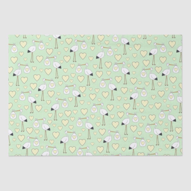 Papier Mousseline Baby shower de cigogne vert genre neutre (Recto)