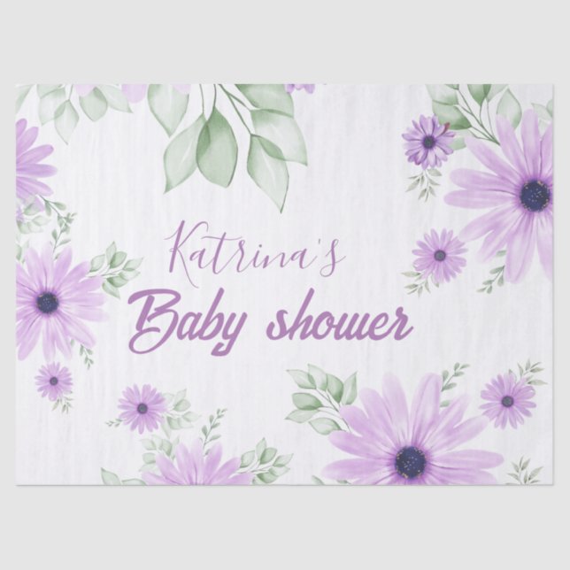 Papier Mousseline Baby shower personnalisé de fleurs d'aquarelle vio (Recto)