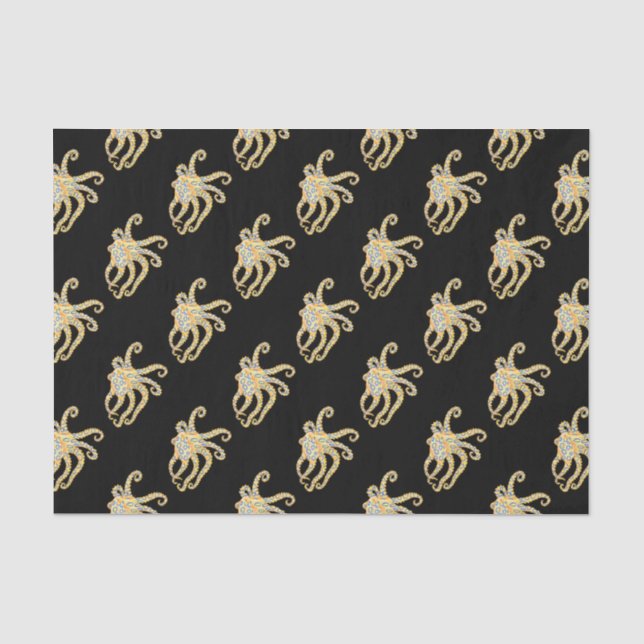 Papier Mousseline Bague bleue Octopus sur Noir (Recto)