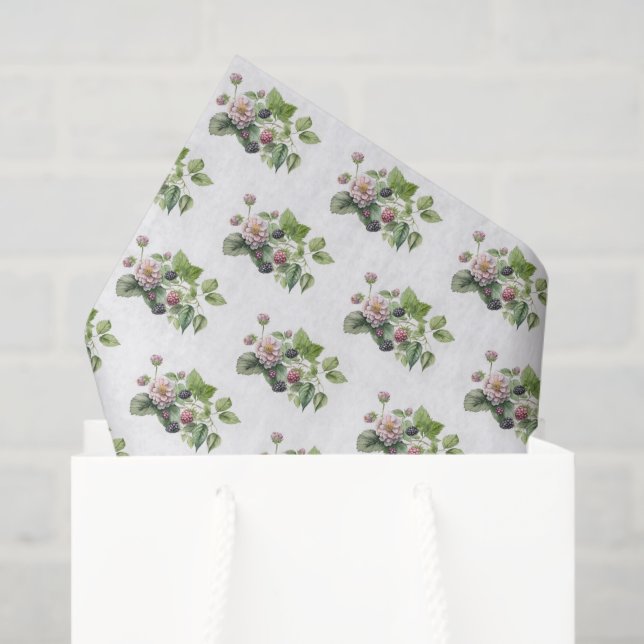 Papier Mousseline Baies noires et fleurs en blanc (Sac cadeau)