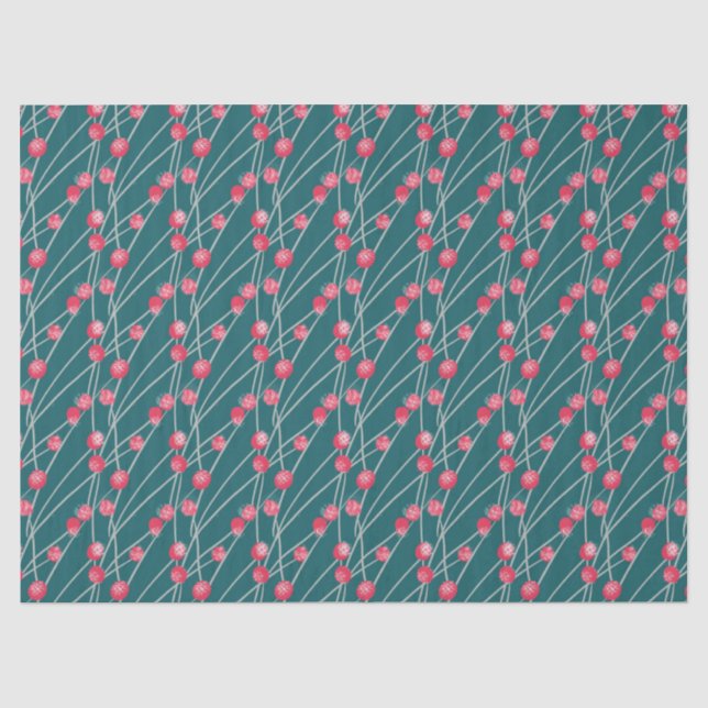 Papier Mousseline Baies rouges enneigées sur fond vert foncé (Recto)