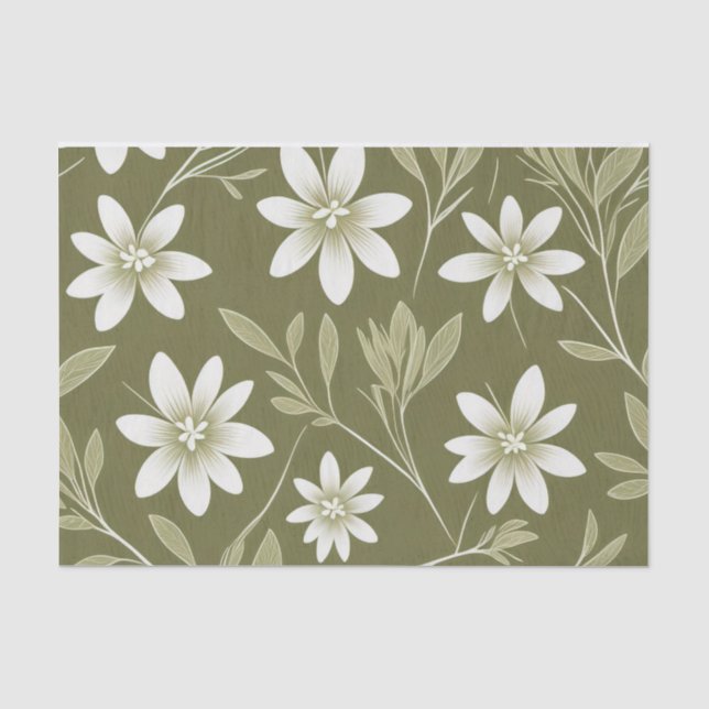 Papier Mousseline Baisson blanc tropical sur vert olive Élégant (Recto)