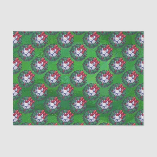 Papier Mousseline Bal de soccer blanc et bleu sur vert (Recto)