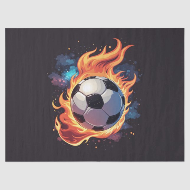 Papier Mousseline Ballon de football volant avec flammes. (Recto)
