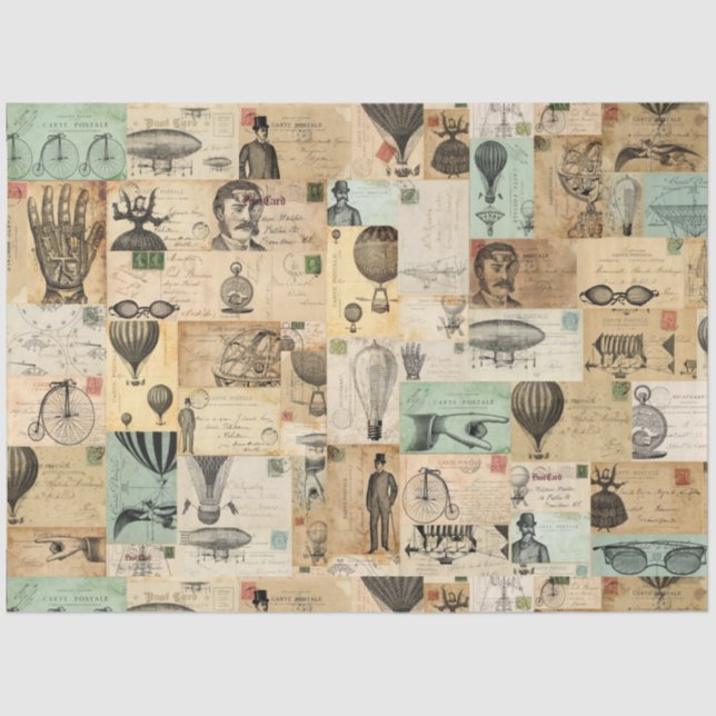 Papier Mousseline Ballons Steampunk & Cartes Postales Ephemera Tissu (Recto)