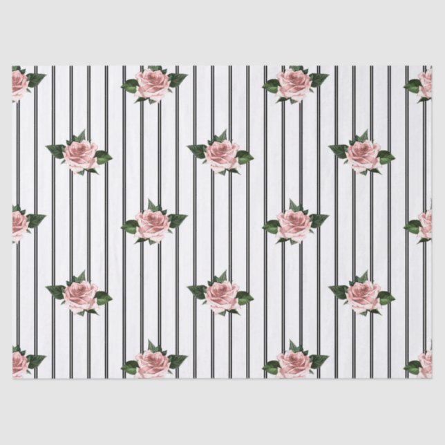 Papier Mousseline Bandes noires et blanches avec roses roses roses d (Recto)