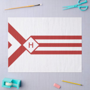Papier Mousseline Bandes rouges et Chevrons avec Monogramme sur blan