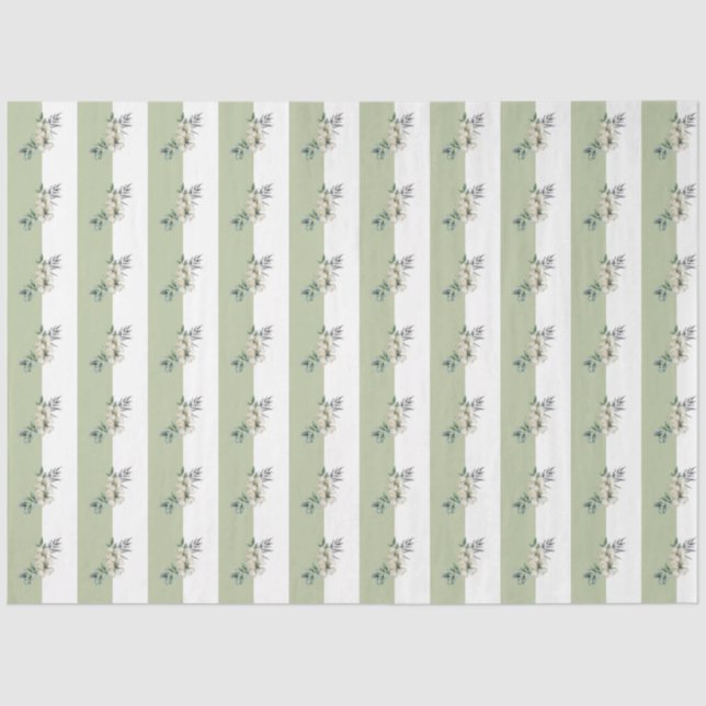 Papier Mousseline Bandes vert sauge floral et marron (Recto)