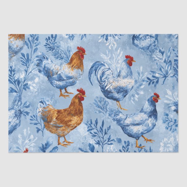 Papier Mousseline Barnyard Chickens and Botanical Pattern (Recto)