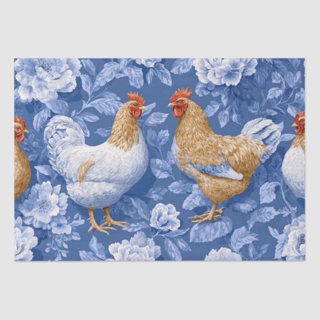 Papier Mousseline Barnyard Chickens and Botanical Pattern  (Recto)