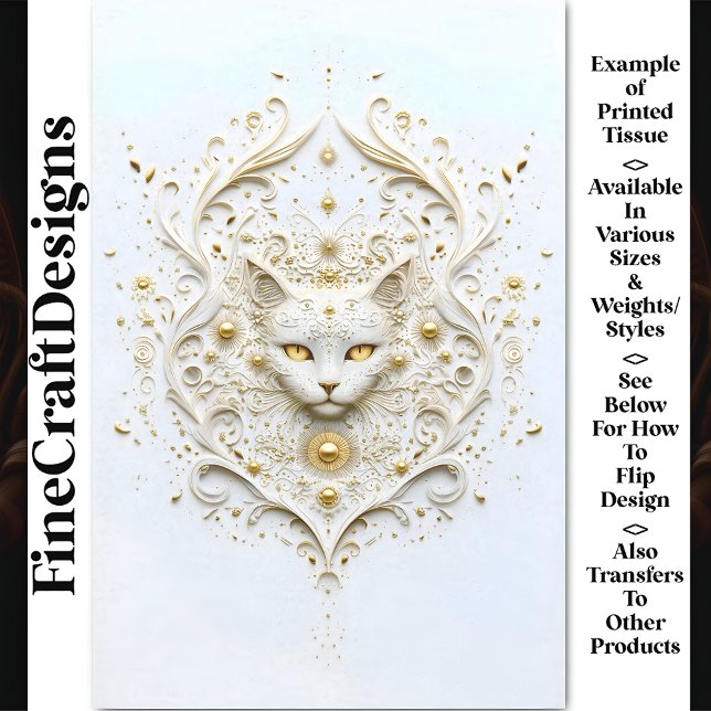 Papier Mousseline Baroque Effet Blanc & Or Chat AU6 Découpage (Créateur téléchargé)