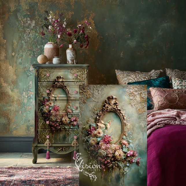 Papier Mousseline Baroque Ethereal Hummingbird Oval Frame & Floral (Hummingbird, Vintage Oval Frame, Muted teal & pink, Ethereal Floral Decoupage Tissue Paper)