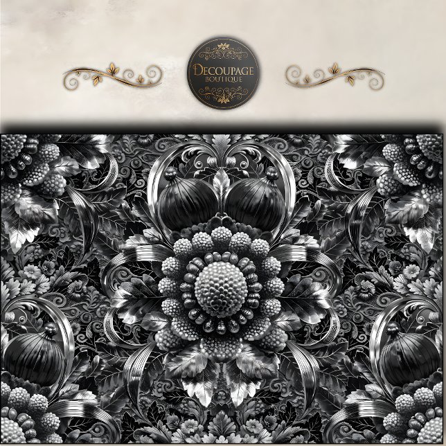 Papier Mousseline Baroque Floral Decoupage Noir Argent (Black Silver Baroque Floral Decoupage Tissue Paper)