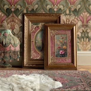 Papier Mousseline Barre dorée rose poussiéreuse à motif floral baroq