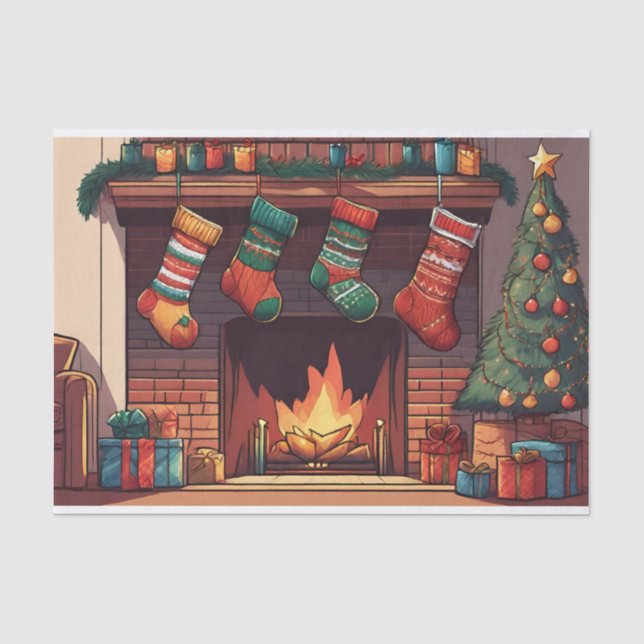 Papier Mousseline Bas de Noël accrochés à la cheminée (Recto)