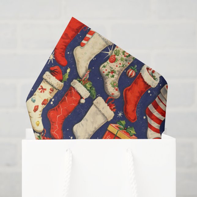 Papier Mousseline Bas de Noël rétro vintage bleu (Sac cadeau)