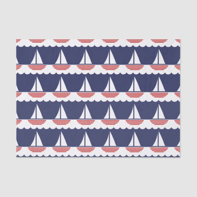 Papier Mousseline Bateau nautique Motif Marine Bleu et Rouge (Recto)