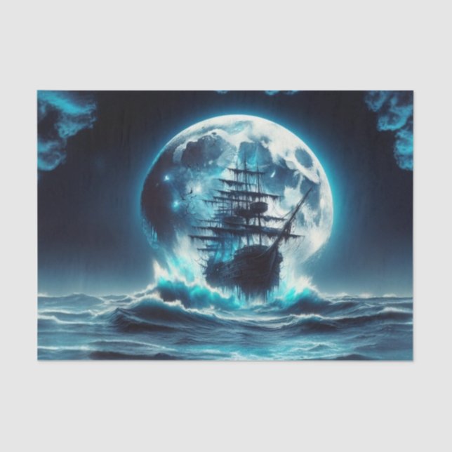 Papier Mousseline Bateau pirate sur les vagues sauvages La nuit Lune (Recto)