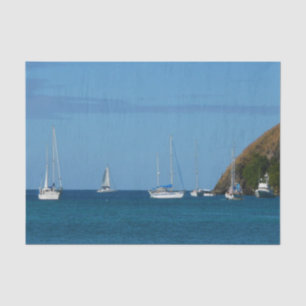 Papier Mousseline Bateaux à voile dans la baie Blancs et Bleus Nauti