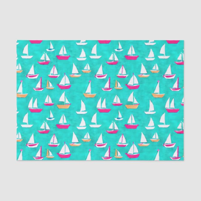 Papier Mousseline Bateaux à voile Motif Rose & Aqua (Recto)