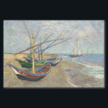 Papier Mousseline Bateaux de pêche sur la plage par Vincent Van Gogh<br><div class="desc">Bateaux de pêche sur la plage aux Saintes-Maries-de-la-Mer. Voyez-vous pourquoi ces bateaux de pêcheurs semblent un peu irréalistes ? Par rapport à la surface irrégulière de la plage de sable, ils ont été peints de manière trop bidimensionnelle. Les bateaux sont composés de zones de couleur uniforme dans des contours forts....</div>