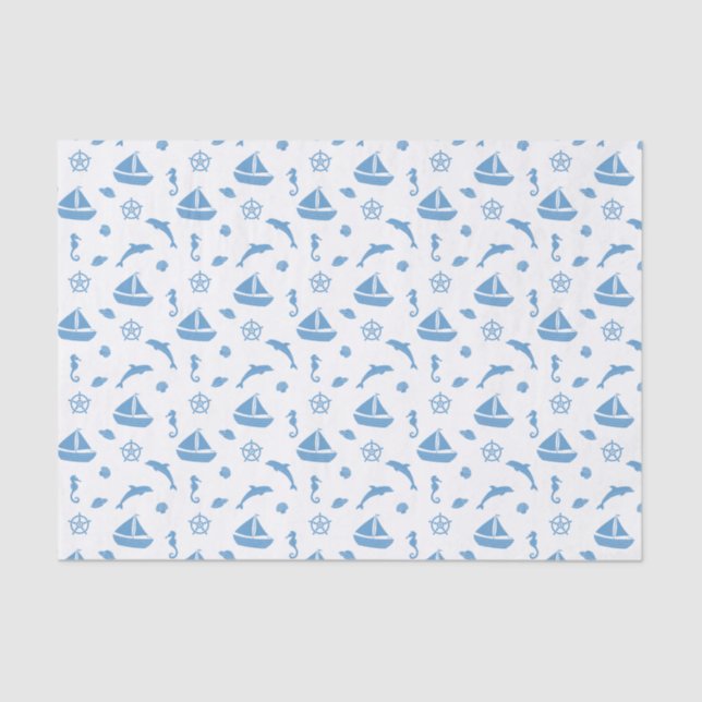 Papier Mousseline Bateaux et dauphins Motif nautique Bleu blanc (Recto)